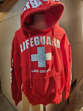 Red Lifeguard Hooded Sweatshirt with White Cross Graphic